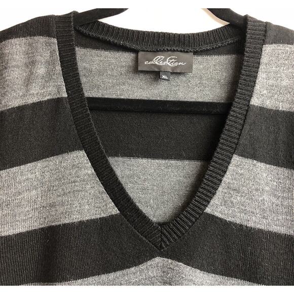 CC Collection Sweater Women Size XL Black Gray Striped V Neck Pullover Workwear - Picture 2 of 11